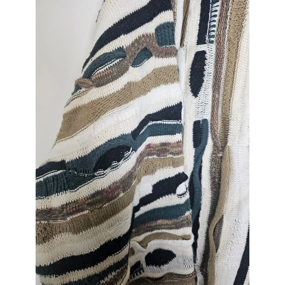 [Grandpacore] J. Ferrar 3D Knit Cardigan Mens Large  Green Striped Coogi Style